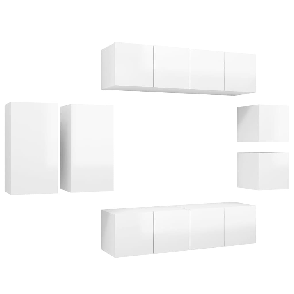 8 pcs conjunto de móveis de TV contraplacado branco brilhante