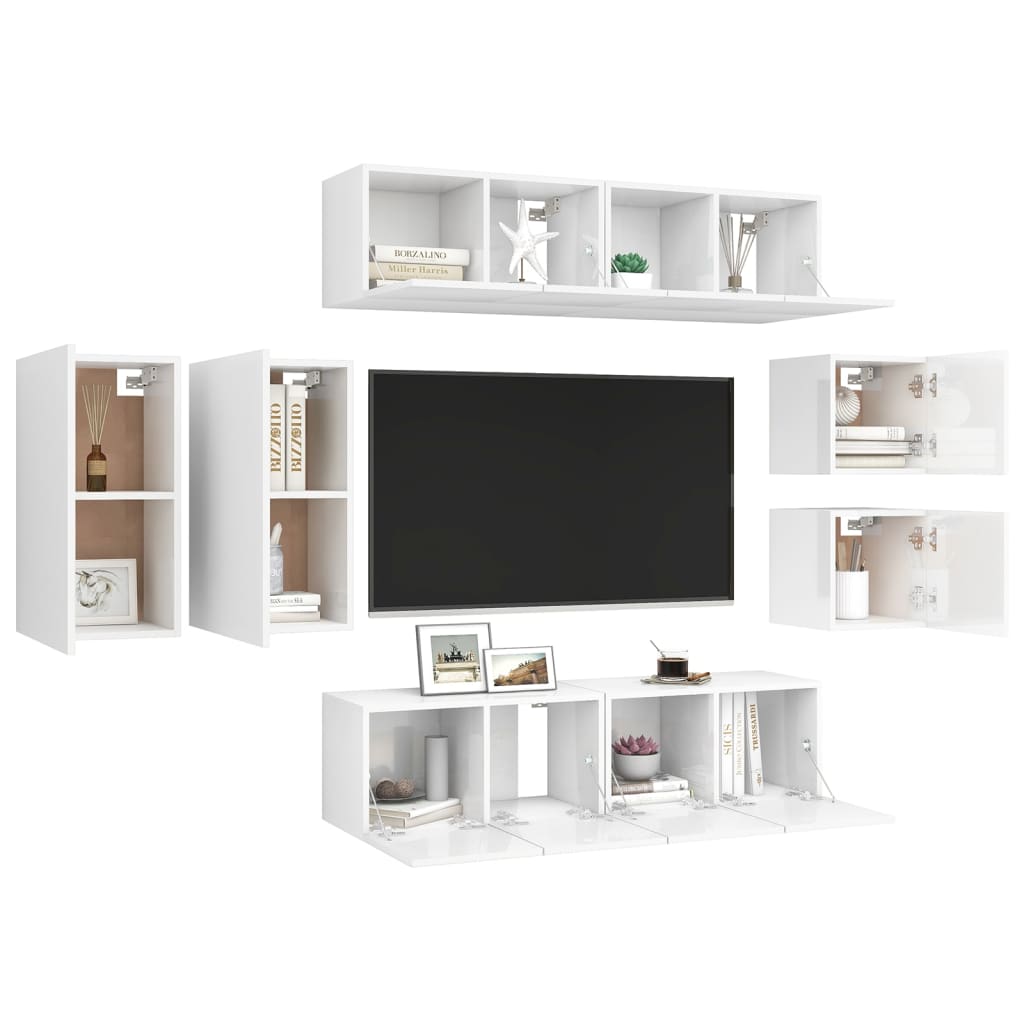 8 pcs conjunto de móveis de TV contraplacado branco brilhante