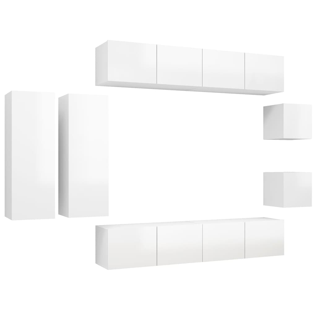 8 pcs conjunto de móveis de TV contraplacado branco brilhante