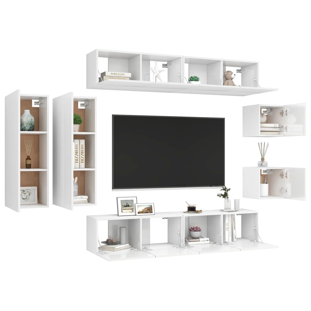 8 pcs conjunto de móveis de TV contraplacado branco brilhante