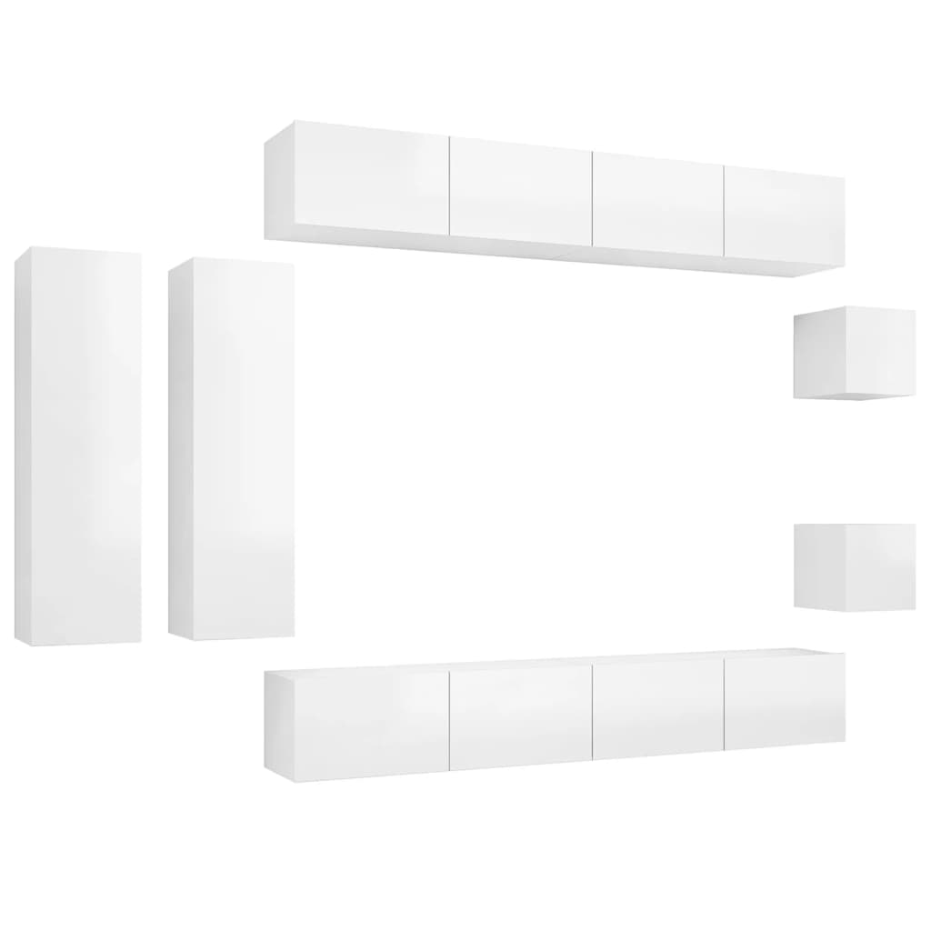 8 pcs conjunto de móveis de TV contraplacado branco brilhante