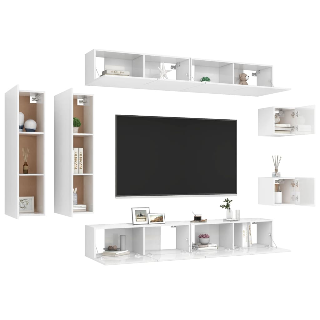 8 pcs conjunto de móveis de TV contraplacado branco brilhante