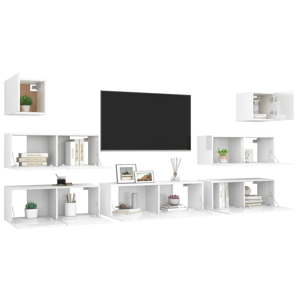 7 pcs conjunto de móveis de TV contraplacado branco brilhante