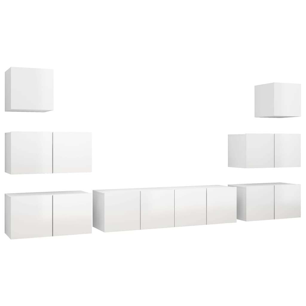 8 pcs conjunto de móveis de TV contraplacado branco brilhante