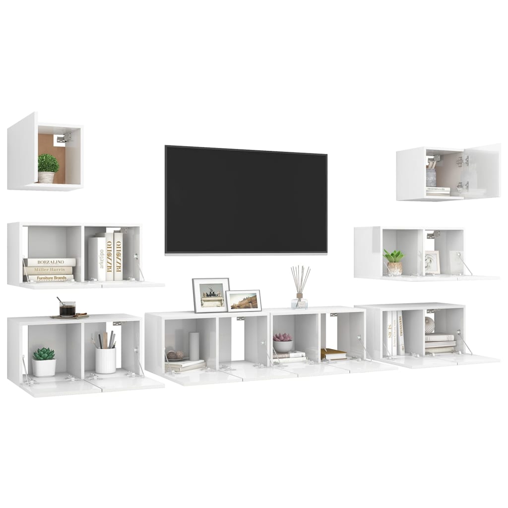 8 pcs conjunto de móveis de TV contraplacado branco brilhante