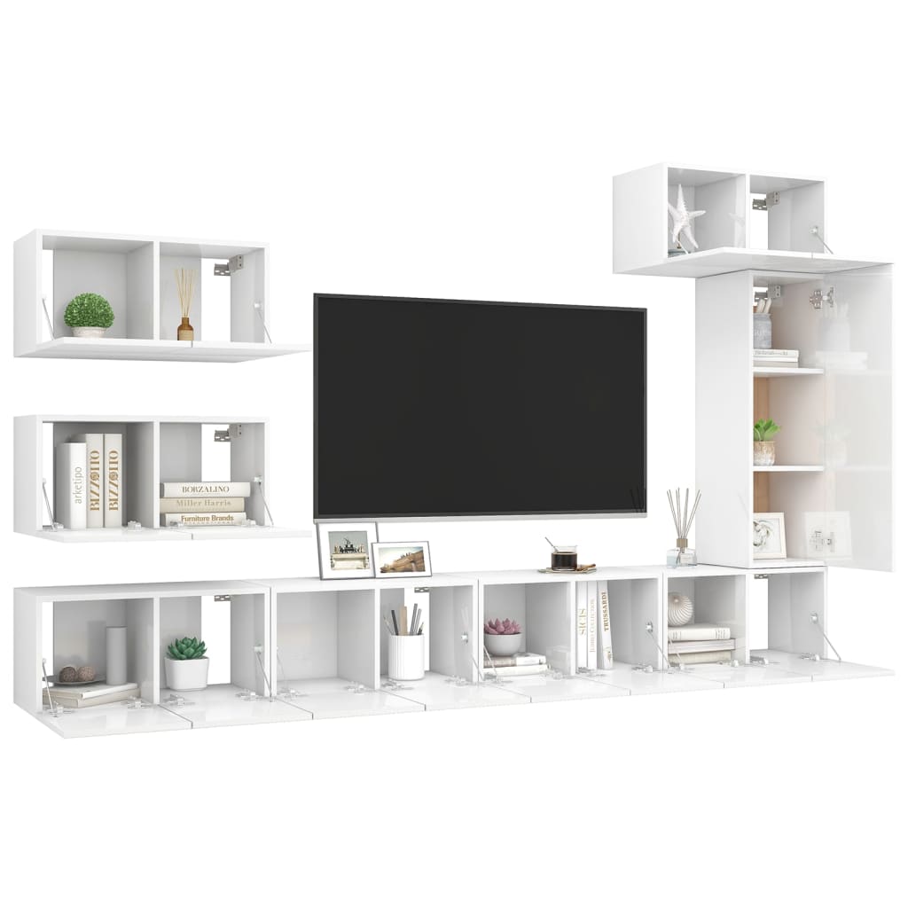 8 pcs conjunto de móveis de TV contraplacado branco brilhante