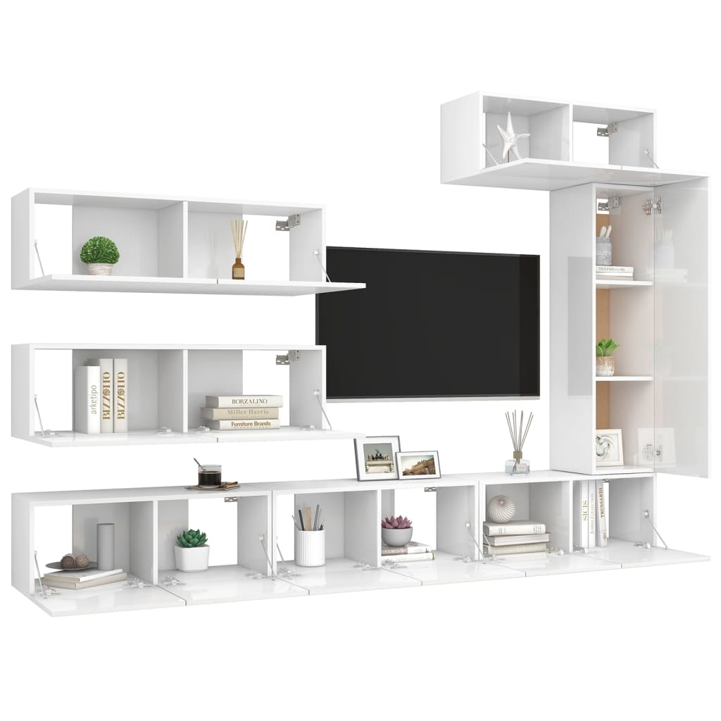 7 pcs conjunto de móveis de TV contraplacado branco brilhante