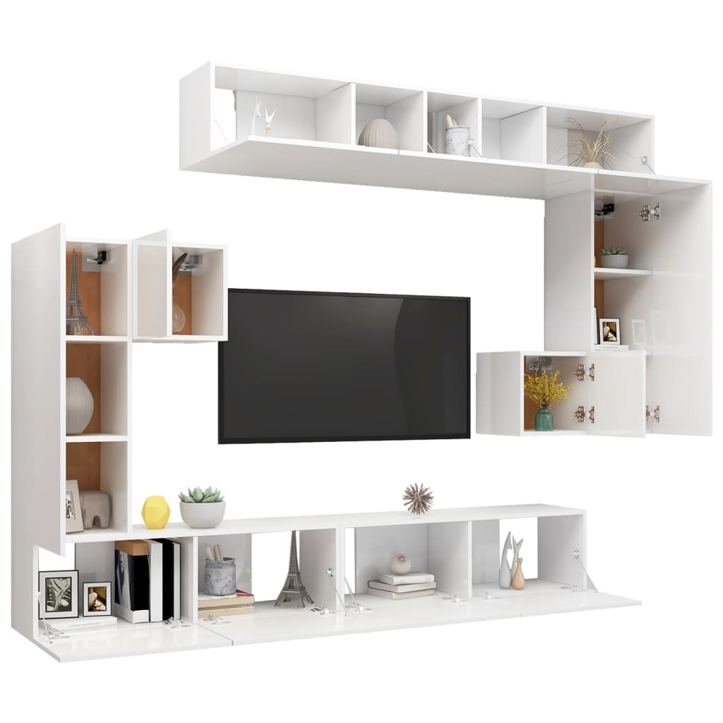 8 pcs conjunto móveis de TV madeira processada branco brilhante