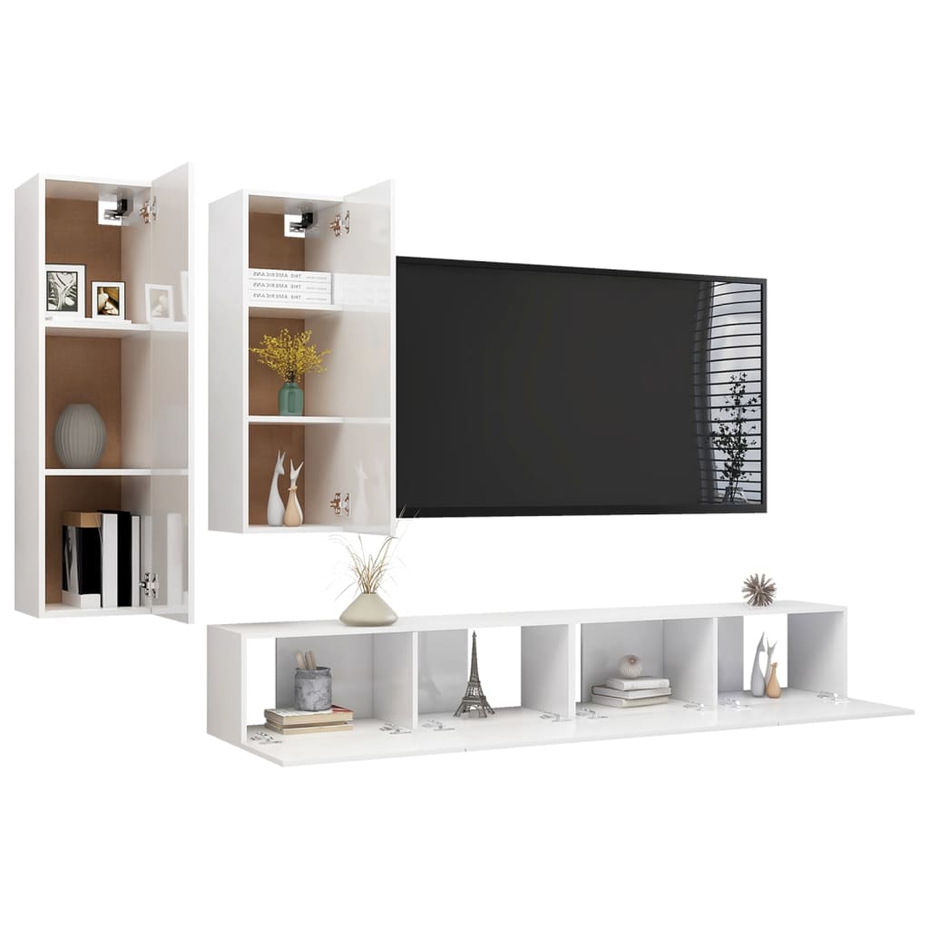 4 pcs conjunto de móveis de TV contraplacado branco brilhante