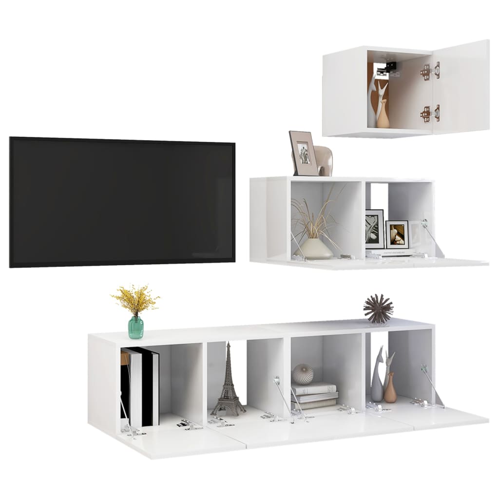 4 pcs conjunto de móveis de TV contraplacado branco brilhante