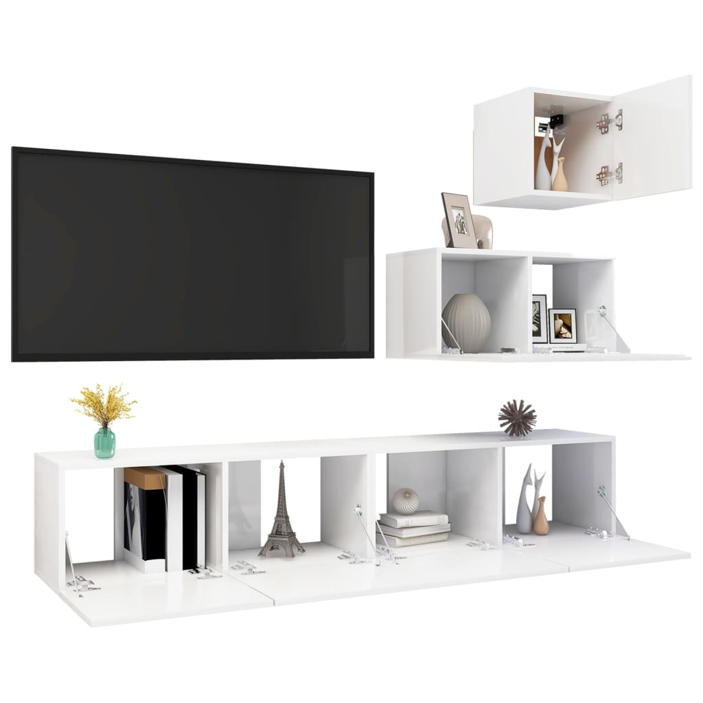 4 pcs conjunto de móveis de TV contraplacado branco brilhante