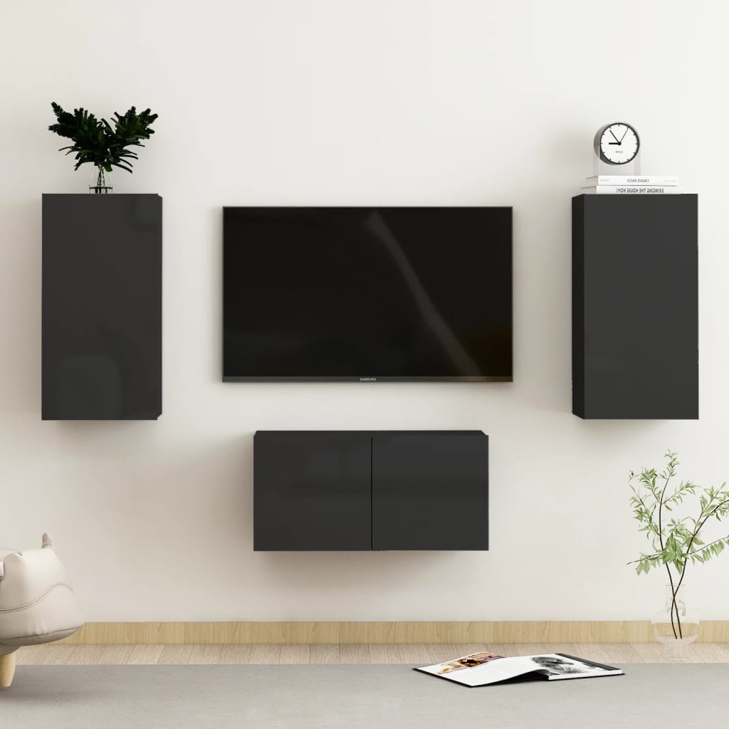 3 pcs conjunto de móveis de TV contraplacado preto brilhante