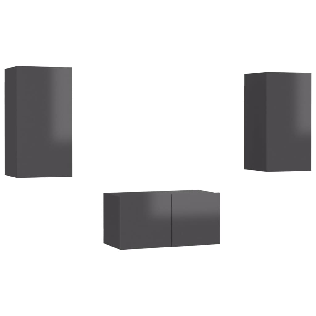 3 pcs conjunto de móveis de TV contraplacado cinzento brilhante