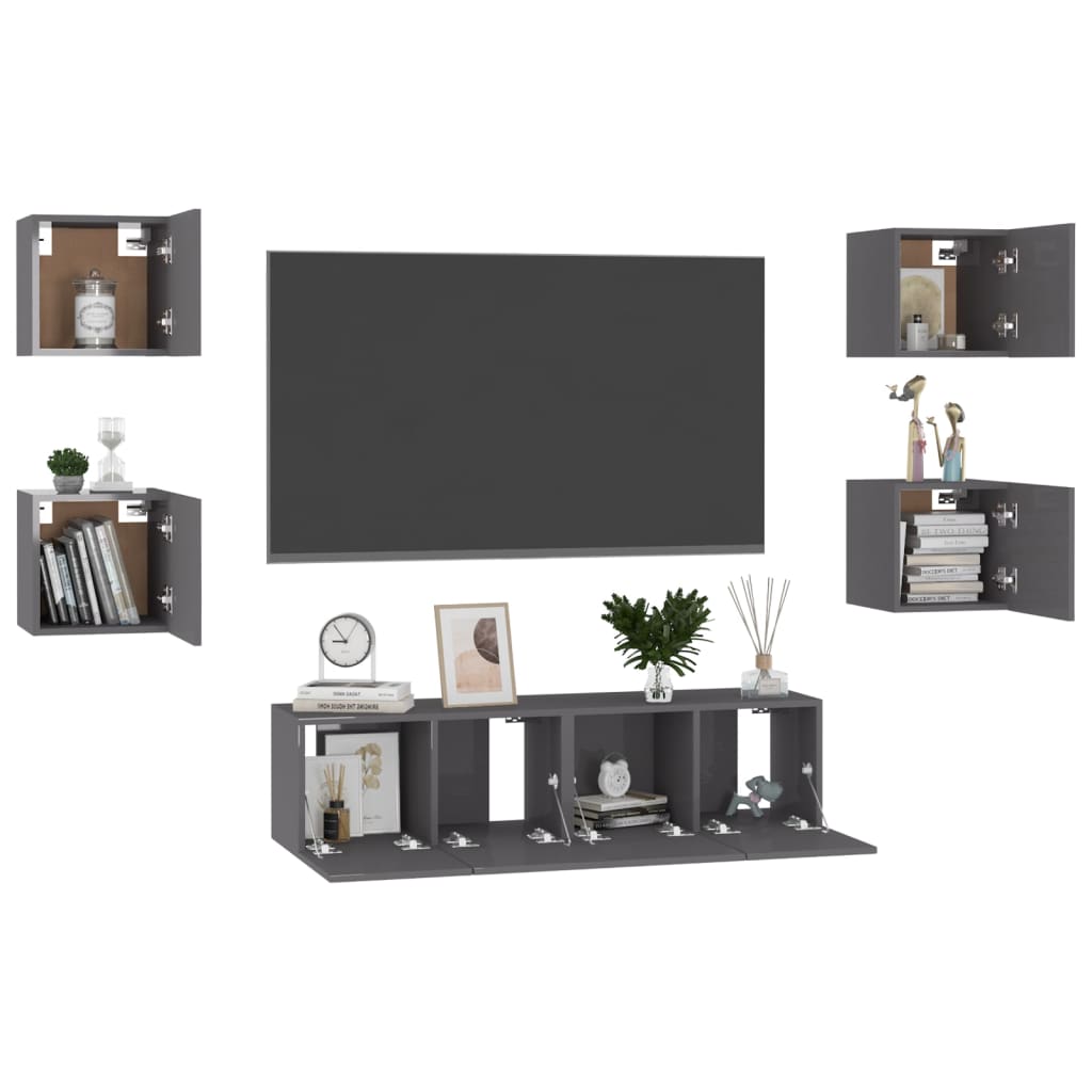 6 pcs conjunto de móveis de TV contraplacado cinzento brilhante