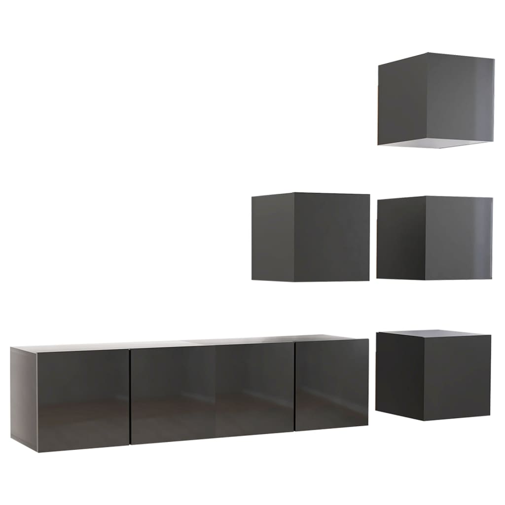 6 pcs conjunto de móveis de TV contraplacado cinzento brilhante