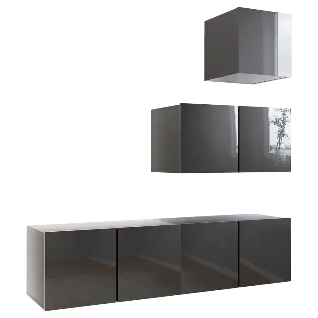 4 pcs conjunto de móveis de TV contraplacado cinzento brilhante