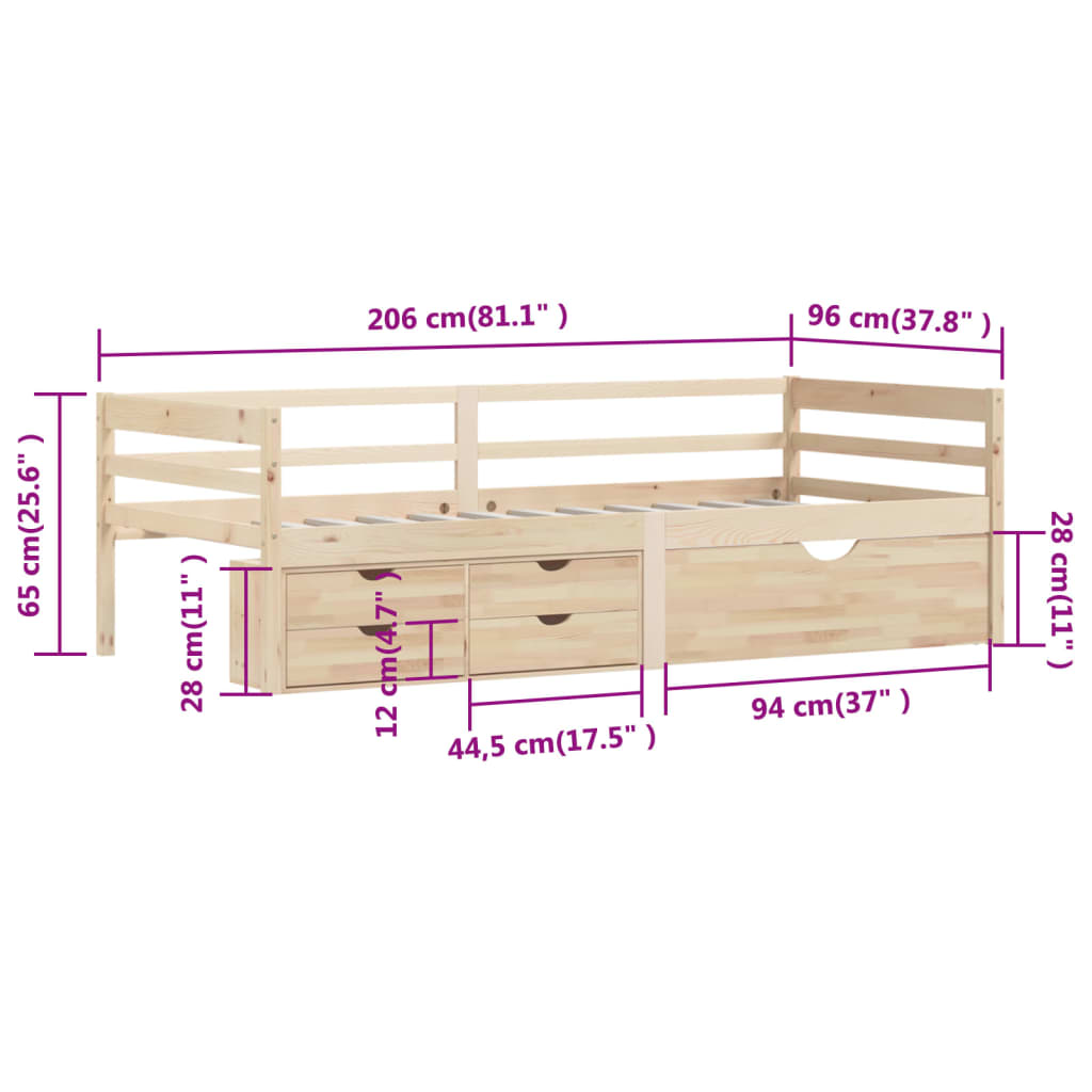 Estrutura de cama c/ gavetas e móvel 90x200 cm pinho maciço