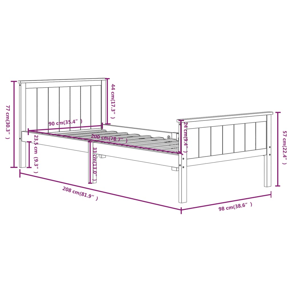 Estrutura de cama 90x200 cm pinho maciço branco