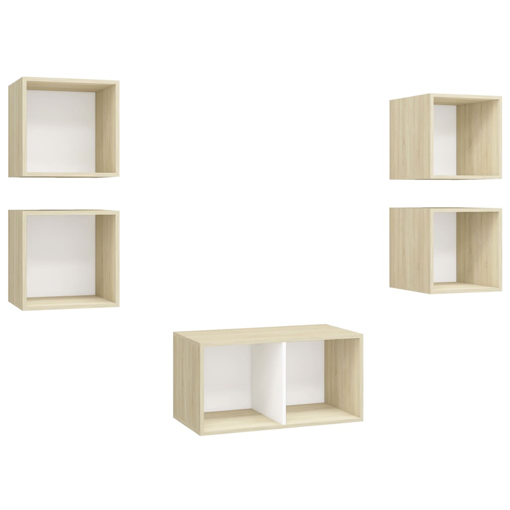 5 pcs conjunto móveis de TV contraplacado branco e carv. sonoma