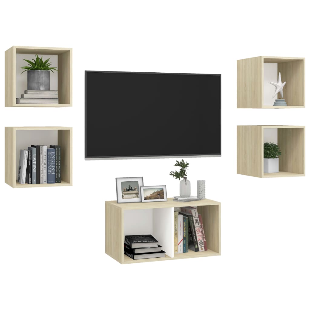 5 pcs conjunto móveis de TV contraplacado branco e carv. sonoma