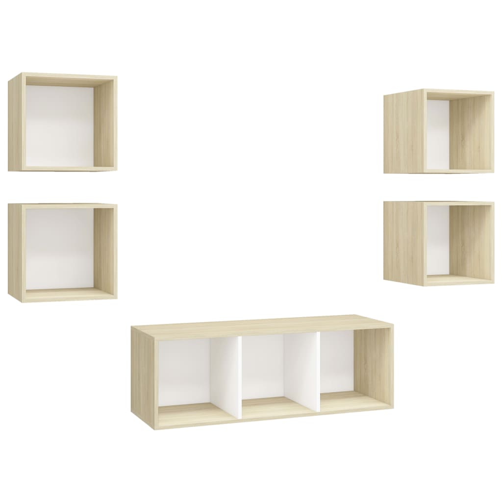 5 pcs conjunto móveis de TV contraplacado branco e carv. sonoma