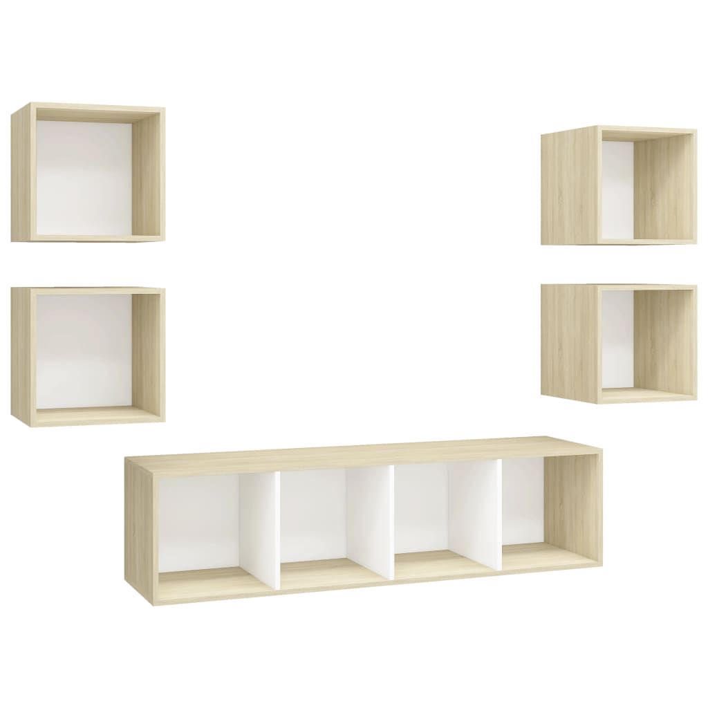 5 pcs conjunto móveis de TV contraplacado branco e carv. sonoma