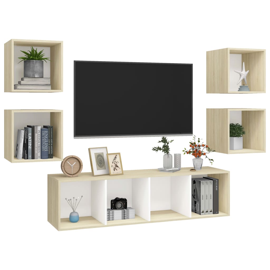 5 pcs conjunto móveis de TV contraplacado branco e carv. sonoma