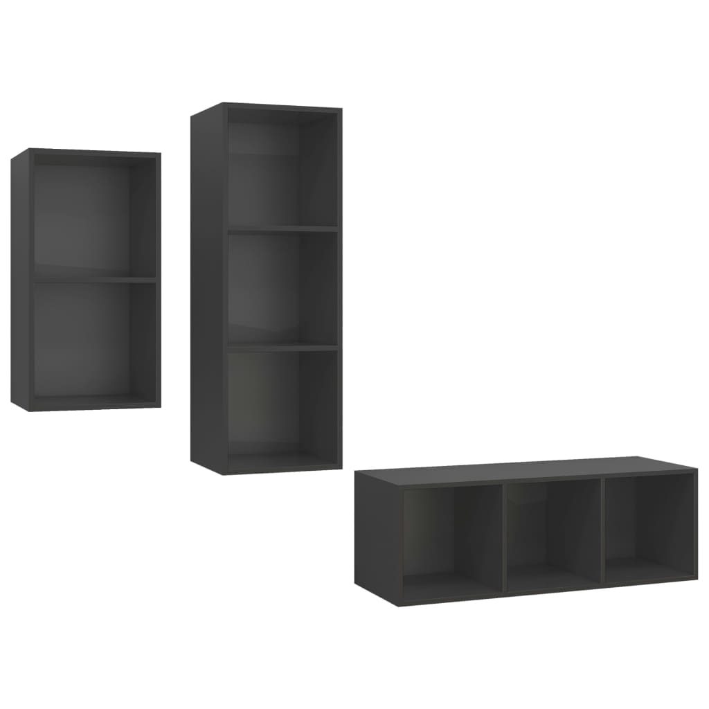 3 pcs conjunto de móveis de TV contraplacado cinzento