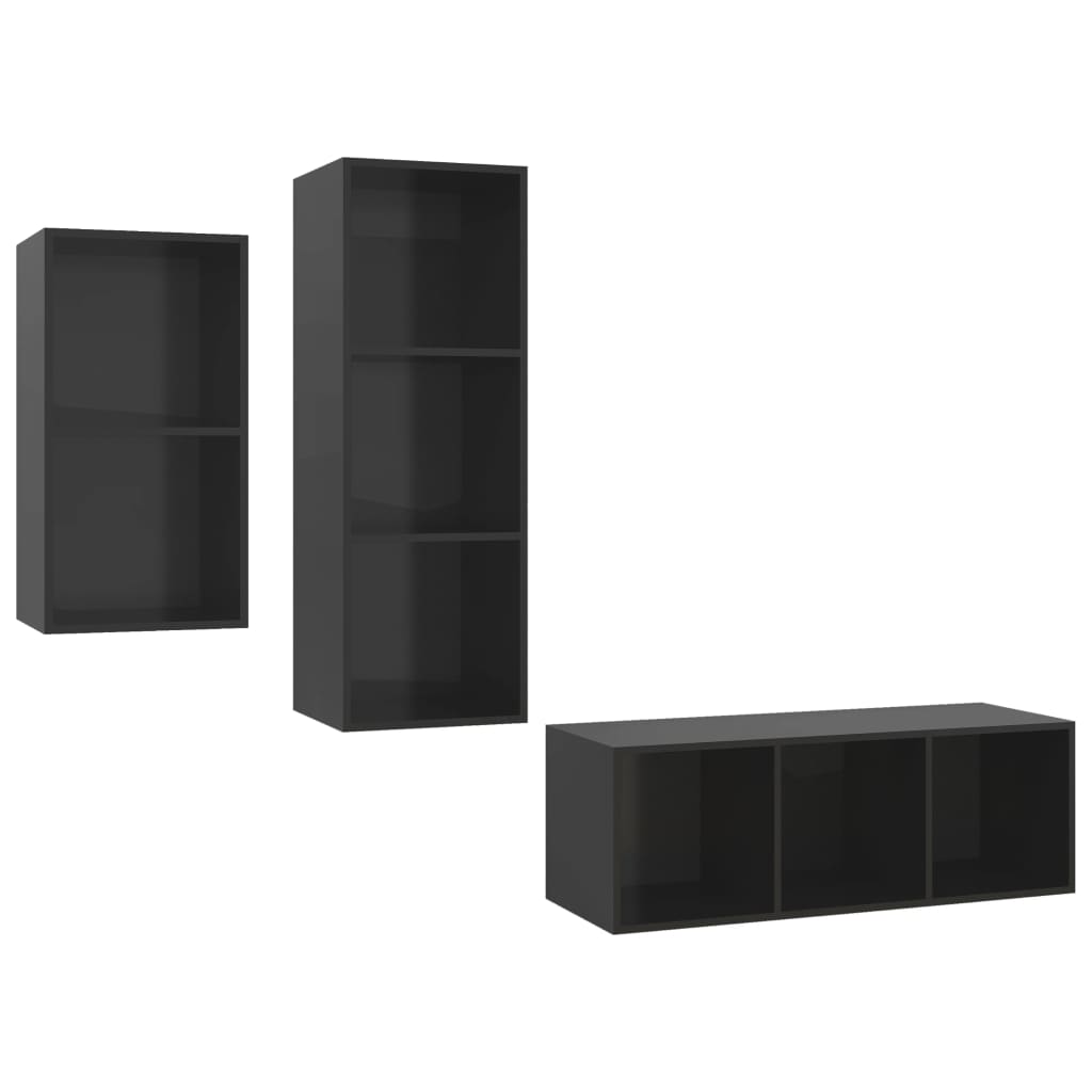 3 pcs conjunto de móveis de TV contraplacado preto brilhante