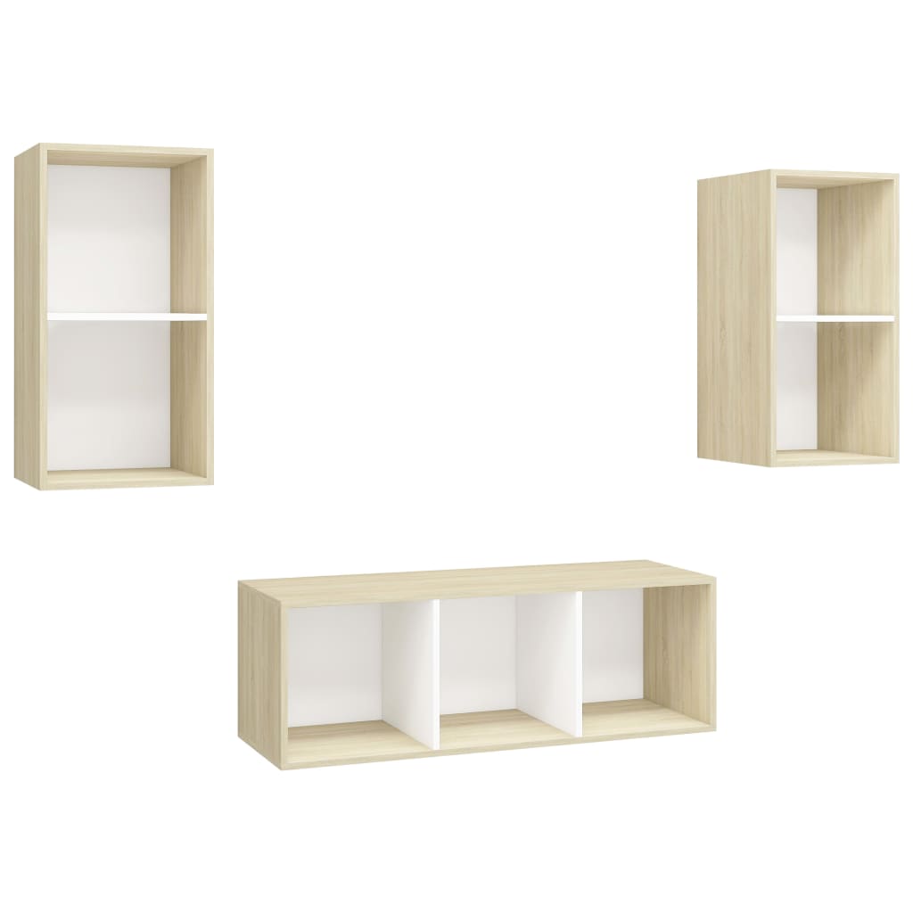 3 pcs conjunto móveis de TV contraplacado branco e carv. sonoma