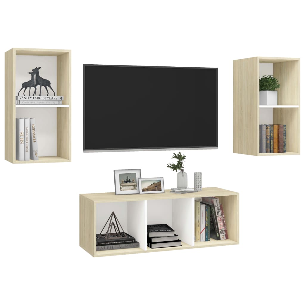 3 pcs conjunto móveis de TV contraplacado branco e carv. sonoma