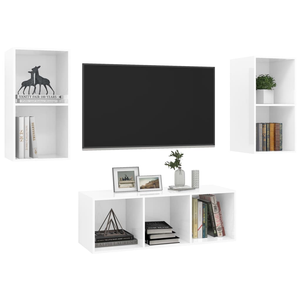 3 pcs conjunto de móveis de TV contraplacado branco brilhante