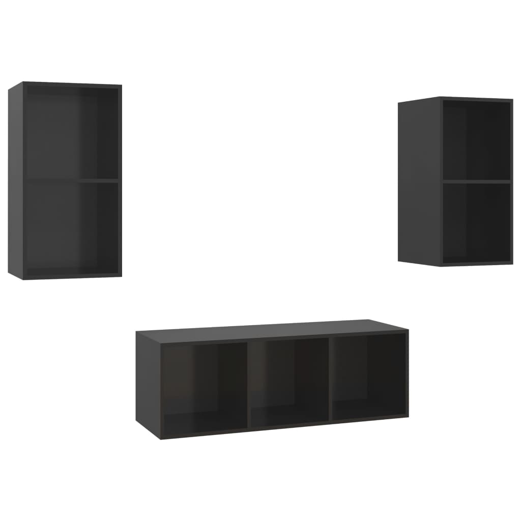 3 pcs conjunto de móveis de TV contraplacado preto brilhante