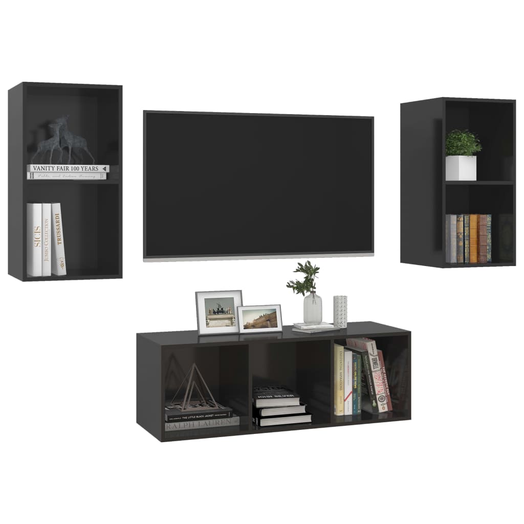 3 pcs conjunto de móveis de TV contraplacado preto brilhante