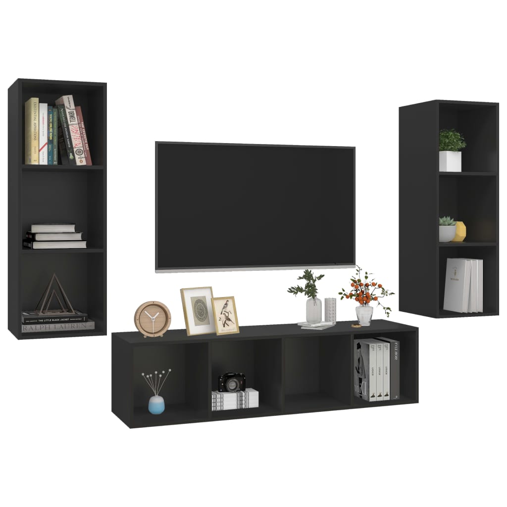 3 pcs conjunto de móveis de TV contraplacado preto