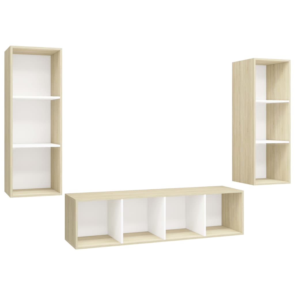 3 pcs conjunto móveis de TV contraplacado branco e carv. sonoma