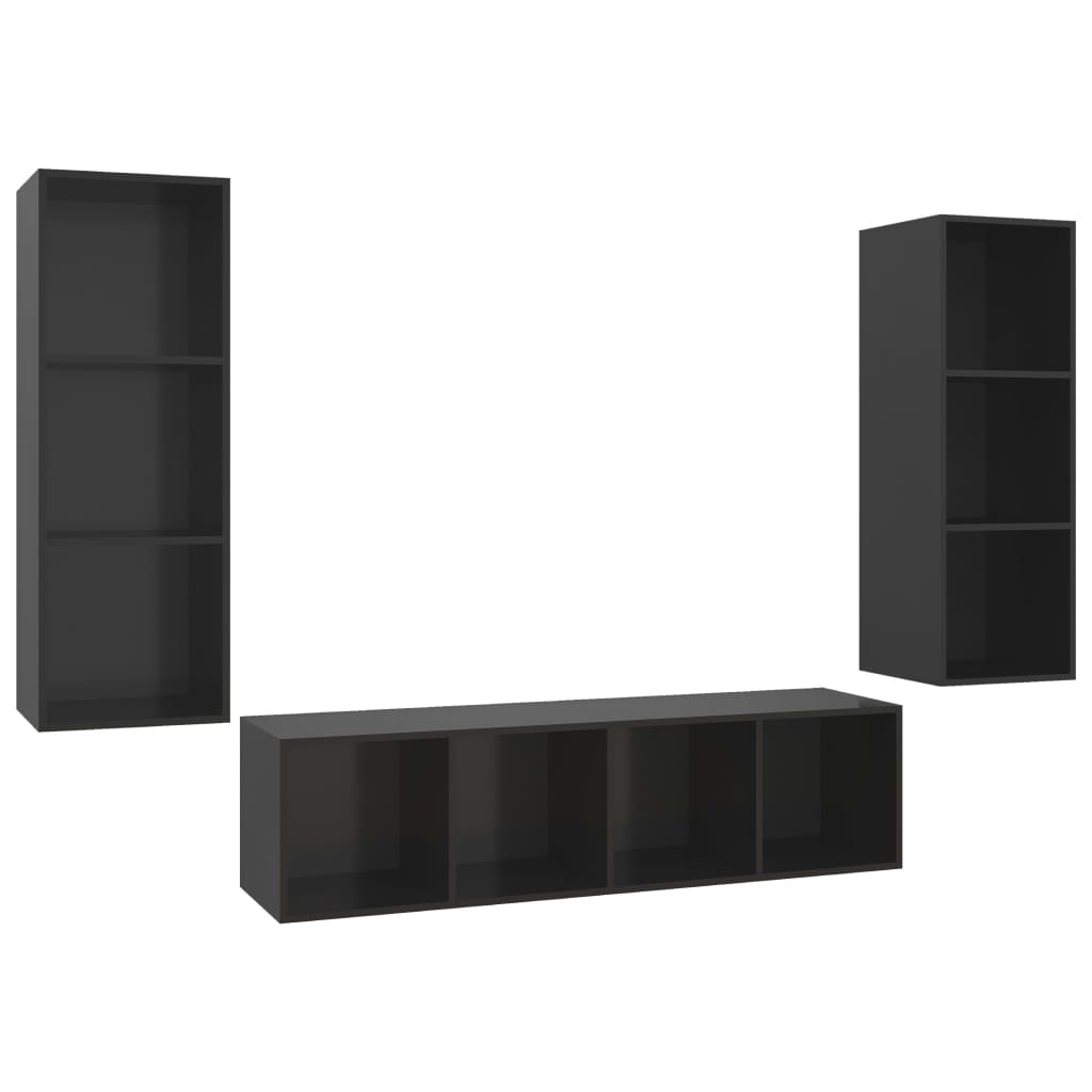 3 pcs conjunto de móveis de TV contraplacado preto brilhante