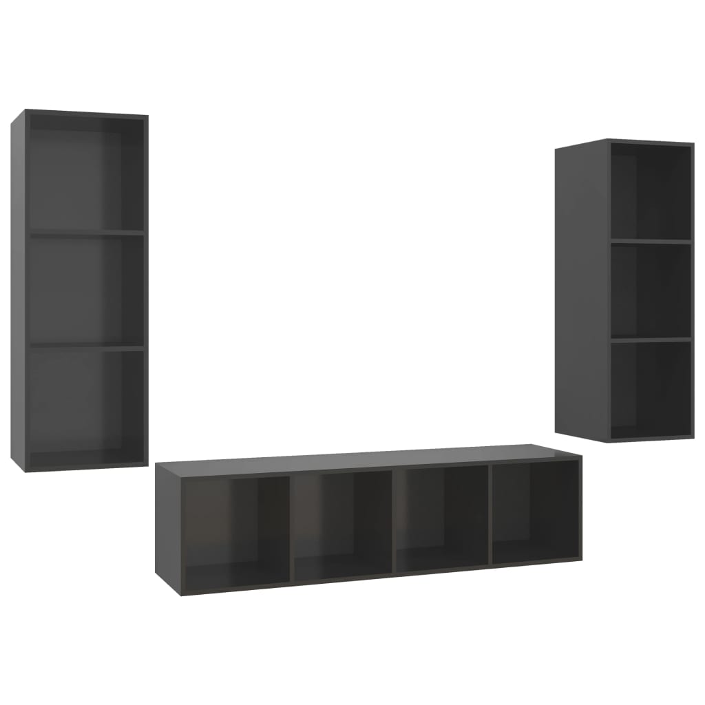 3 pcs conjunto de móveis de TV contraplacado cinzento brilhante