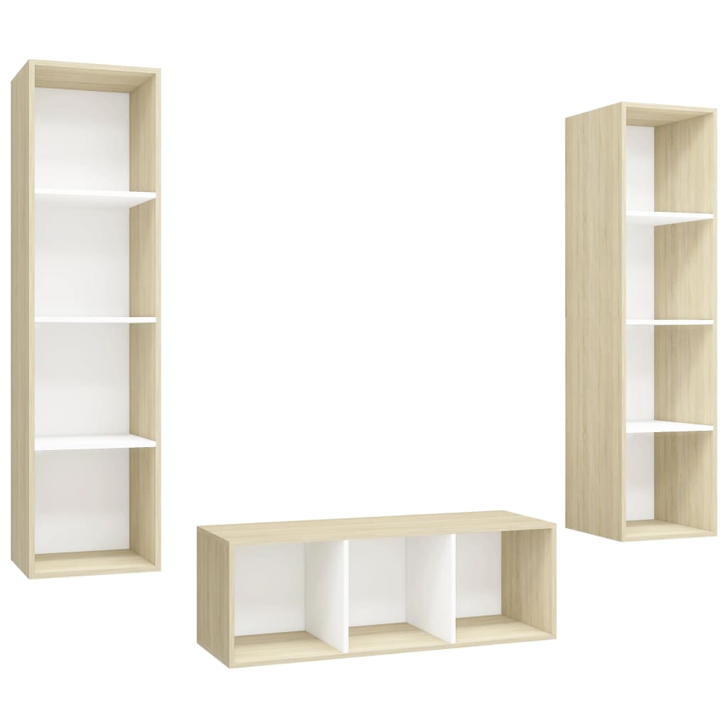 3 pcs conjunto móveis de TV contraplacado branco e carv. sonoma