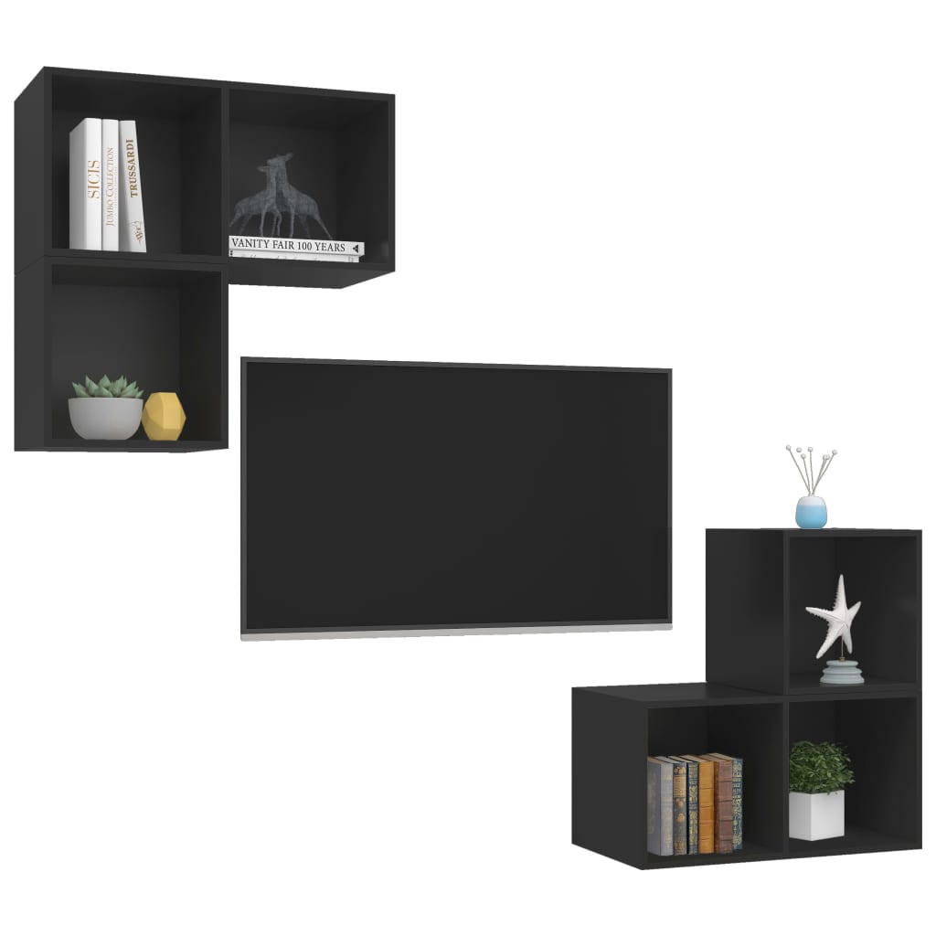 4 pcs conjunto de móveis de TV contraplacado preto