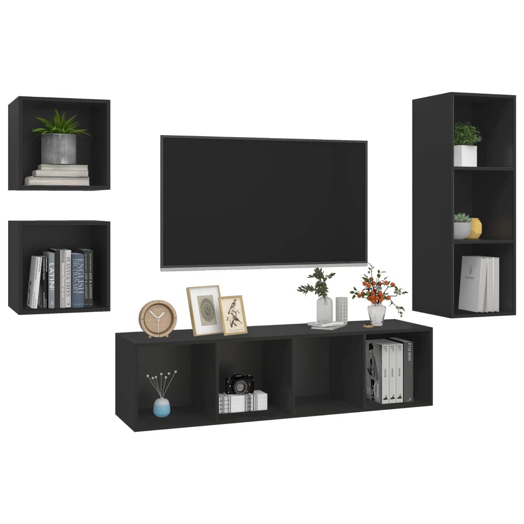 4 pcs conjunto de móveis de TV contraplacado preto