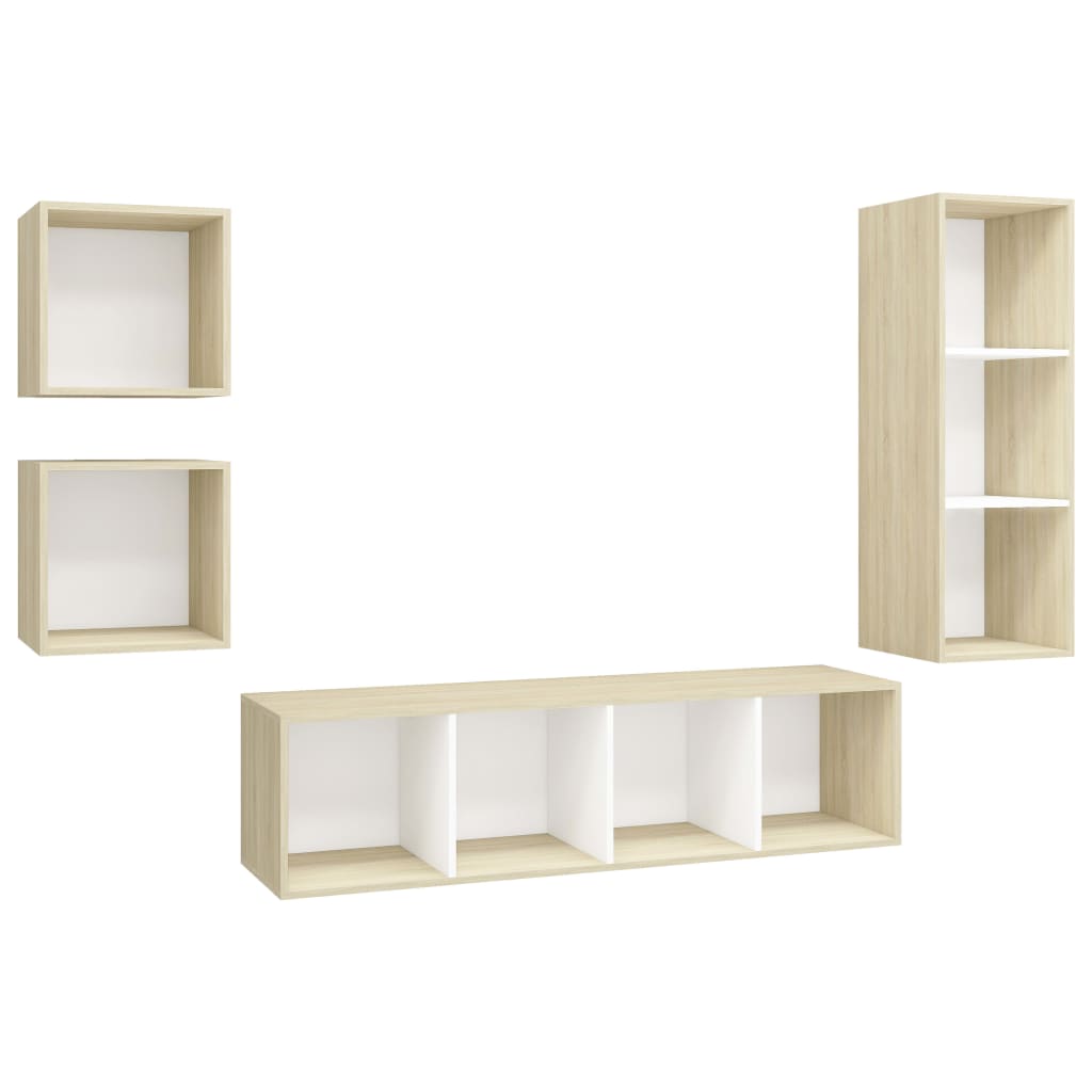 4 pcs conjunto móveis de TV contraplacado branco e carv. sonoma