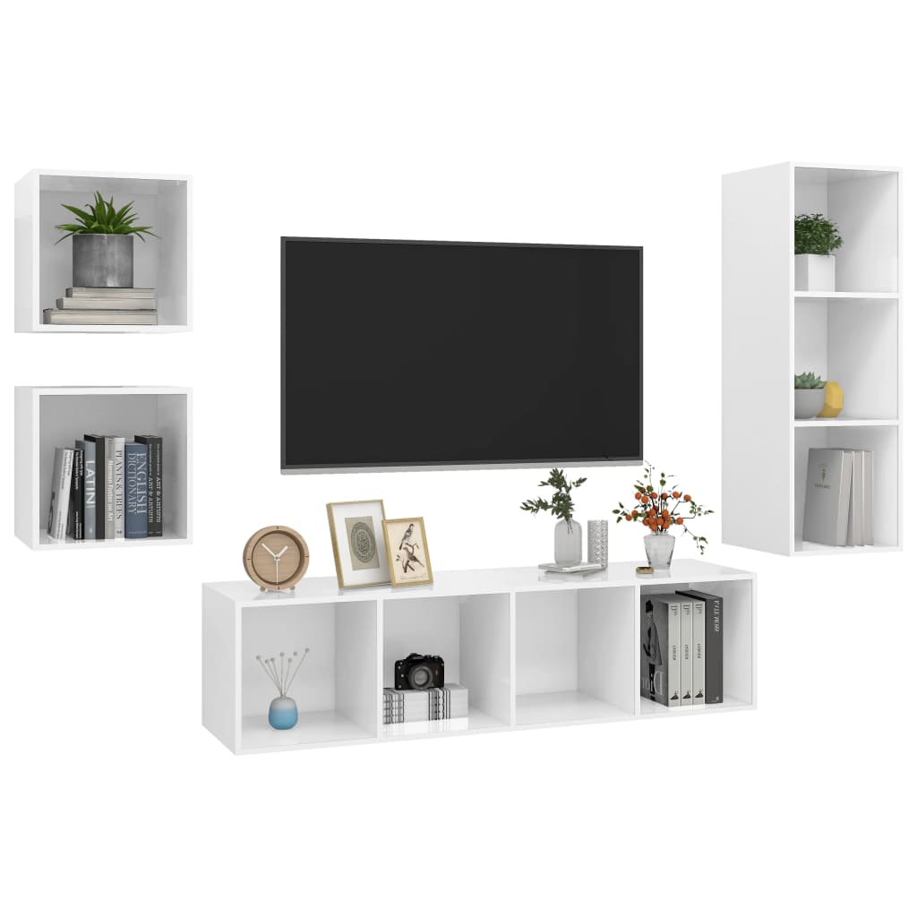 4 pcs conjunto de móveis de TV contraplacado branco brilhante