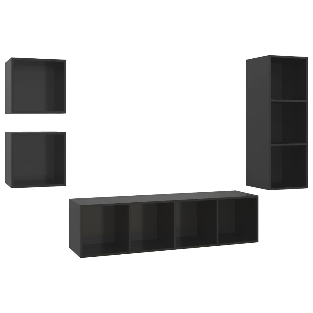 4 pcs conjunto de móveis de TV contraplacado preto brilhante