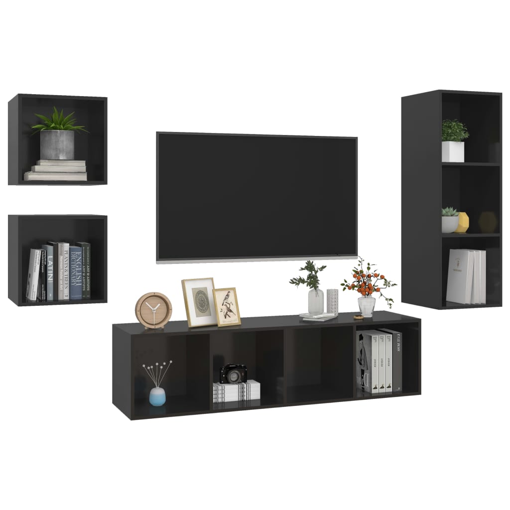 4 pcs conjunto de móveis de TV contraplacado preto brilhante