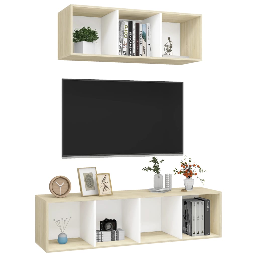 2 pcs conjunto móveis de TV contraplacado branco e carv. sonoma