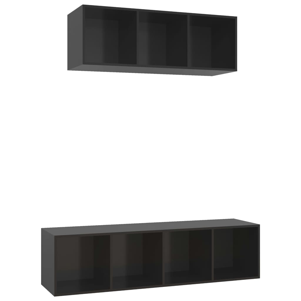 2 pcs conjunto de móveis de TV contraplacado preto brilhante