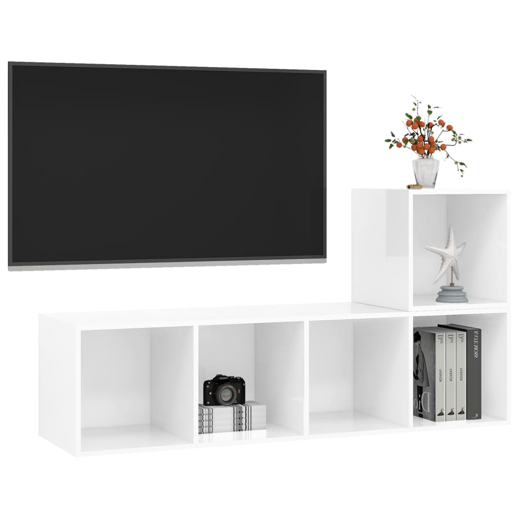 2 pcs conjunto de móveis de TV contraplacado branco brilhante