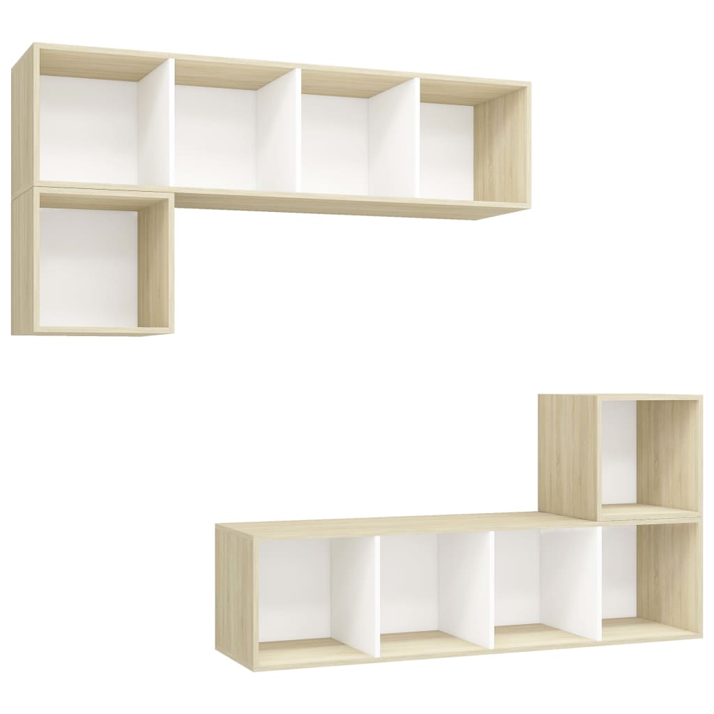 4 pcs conjunto móveis de TV contraplacado branco e carv. sonoma