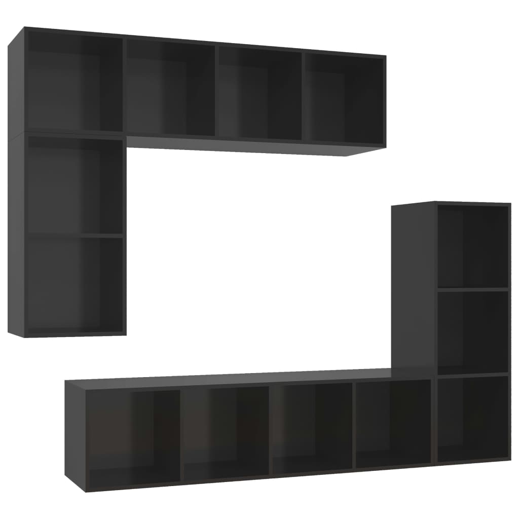 4 pcs conjunto de móveis de TV contraplacado preto brilhante